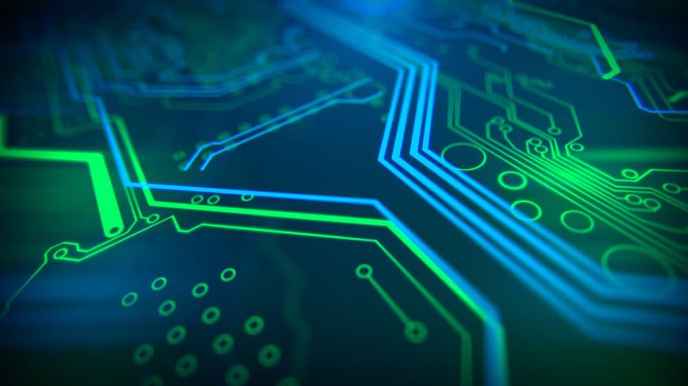 Blue, green background with digital integrated network technology. Printed circuit board. Technology background. 3D illustration.