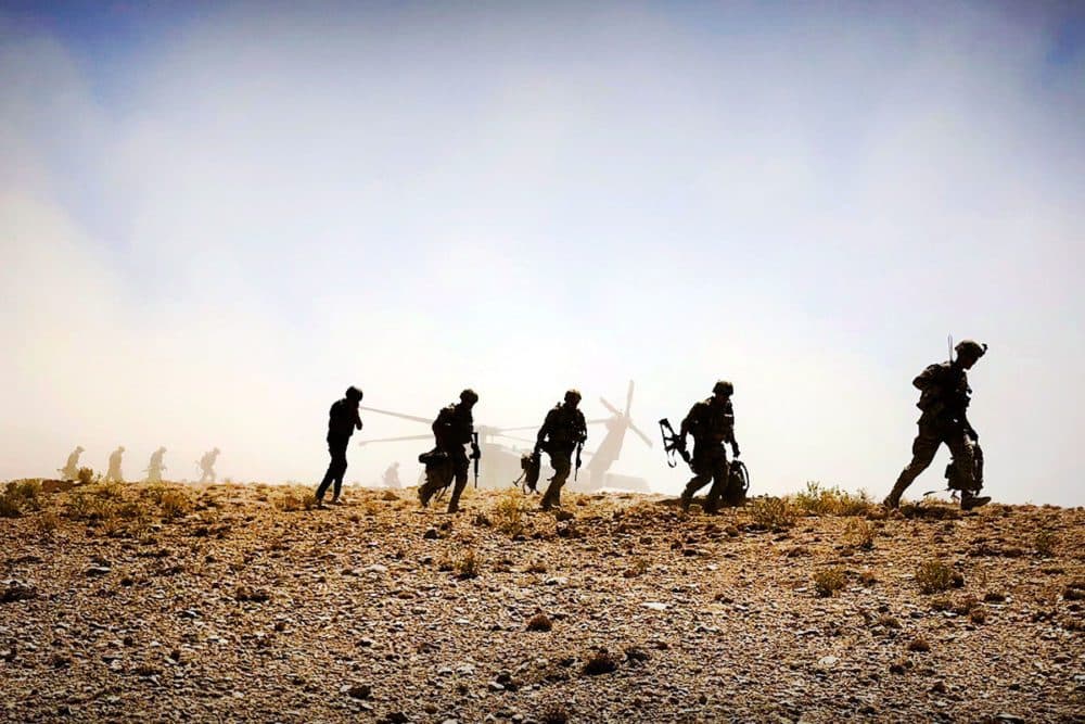 Soldiers from 1st Stryker Brigade Combat Team, 4th Infantry Division, dismount a UH-60 Black Hawk in preparation for a foot patrol in Afghanistan, Sept. 4, 2018. (U.S. Army photo )