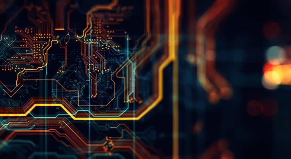 Abstract technological background made of different element printed circuit board. Depth of field effect and bokeh.