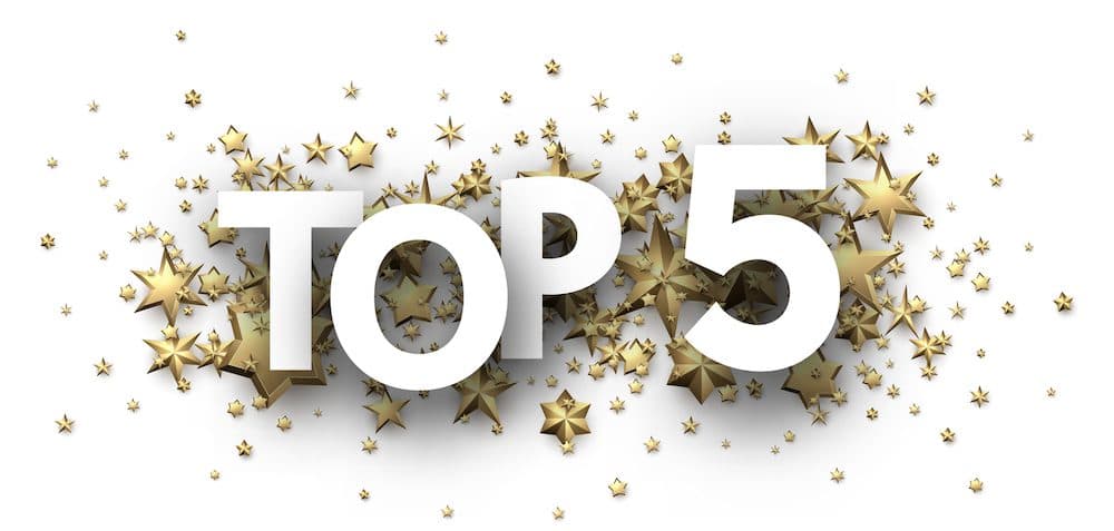 Top 5 sign with gold stars. Rating or hit-parade header. Vector background.