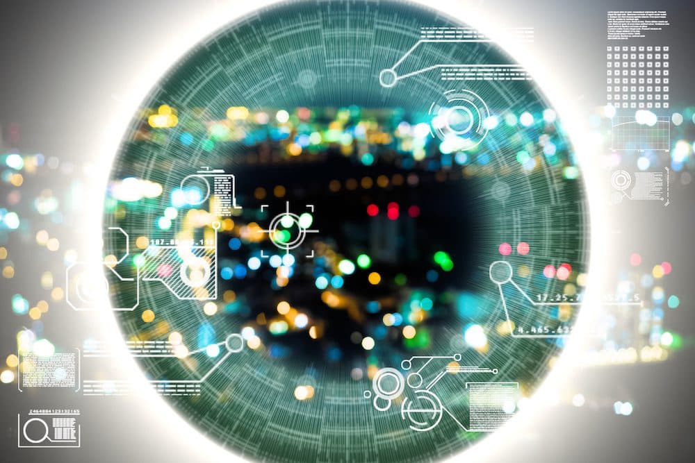 close up Artificial Intelligence technology city for backgroundsFuturistic eye, Artificial Intelligence, Globe - Navigational Equipment, DataBrain Wave, Artificial Intelligence, city.Data,Face recognition