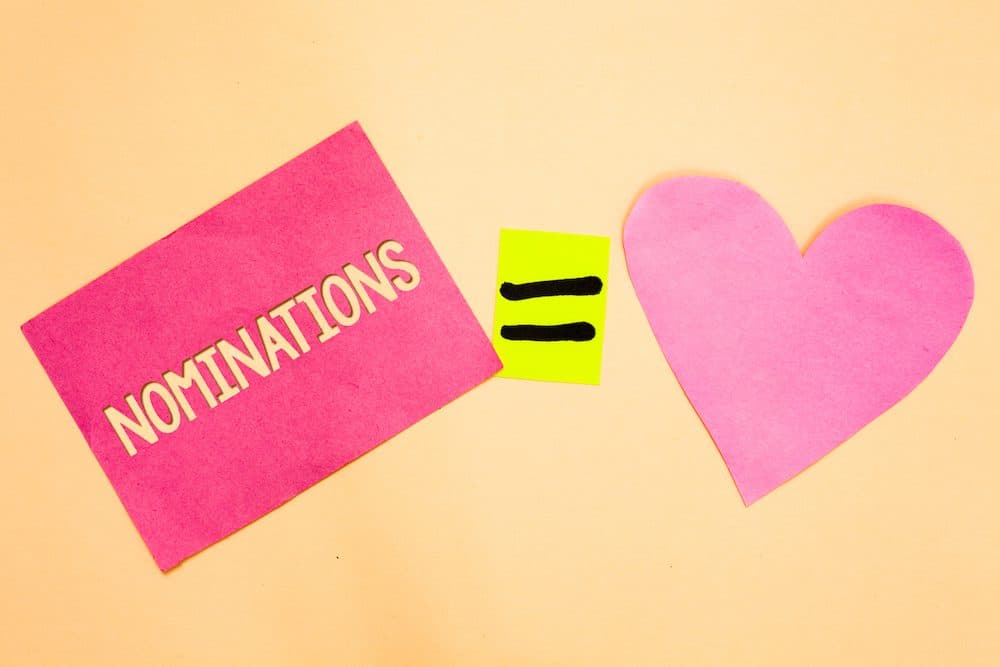 Word writing text Nominations. Business concept for Suggestions of someone or something for a job position or prize Drawing calculation solve equality symbol love heart text card paper work (Word writing text Nominations. Business concept for Suggesti