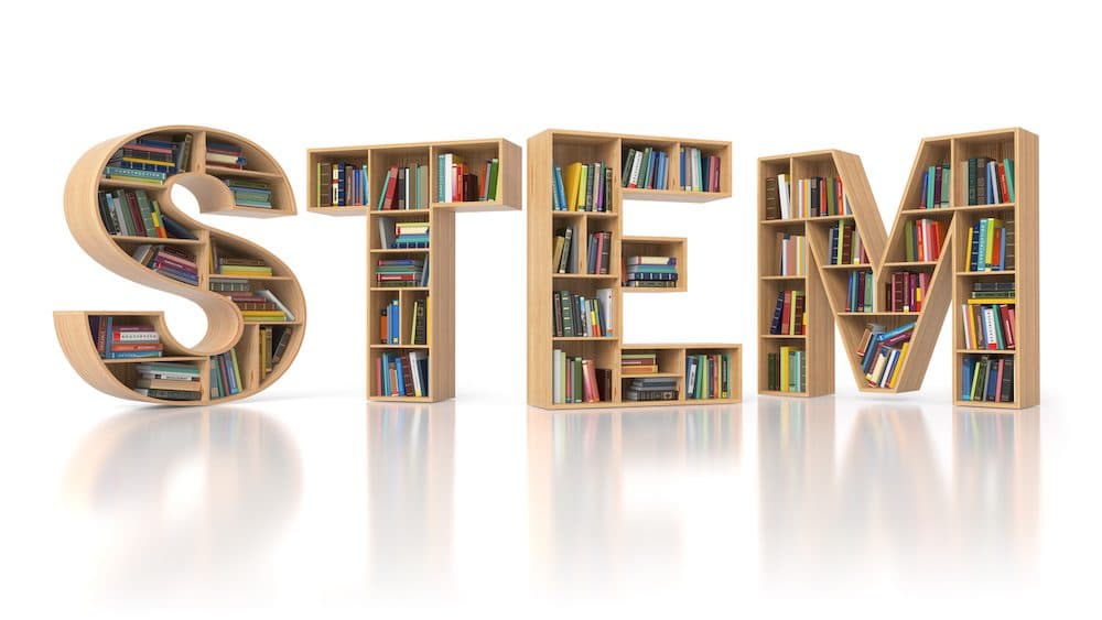 STEM education concept. Bookshelvs with books in the form of text STEM. Science, technology, engineering, mathematics education. 3d illustration (STEM education concept. Bookshelvs with books in the form of text STEM. Science, technology, engineering,
