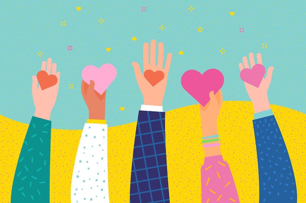 Concept of charity and donation. Give and share your love to people. Hands holding a heart symbol. Flat design, vector illustration. (Concept of charity and donation. Give and share your love to people. Hands holding a heart symbol. Flat design, vecto
