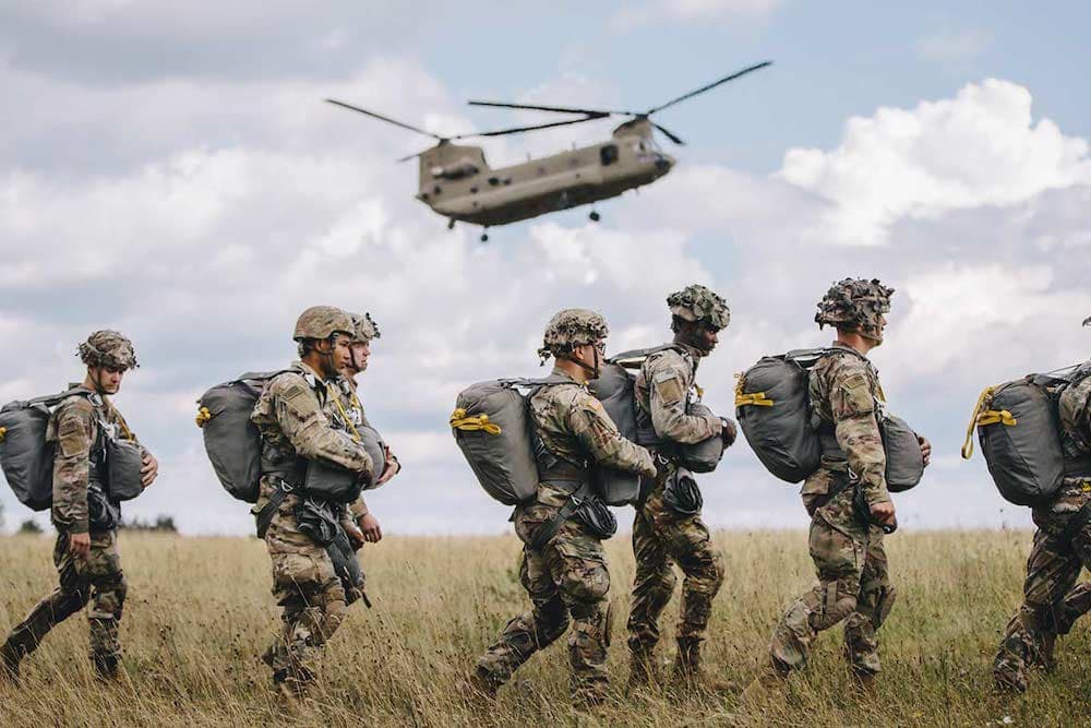 Paratroopers assigned to the 173rd Airborne Brigade perform an airborne proficiency jump over Bunker Drop Zone in Grafenwoehr Training Area, Aug. 14, 2019. Airborne proficiency jumps allow paratroopers to continually experience airborne operations and build upon well-established techniques that refresh their memory and maintain combat readiness. Image: (Spc. Ryan Lucas/Army