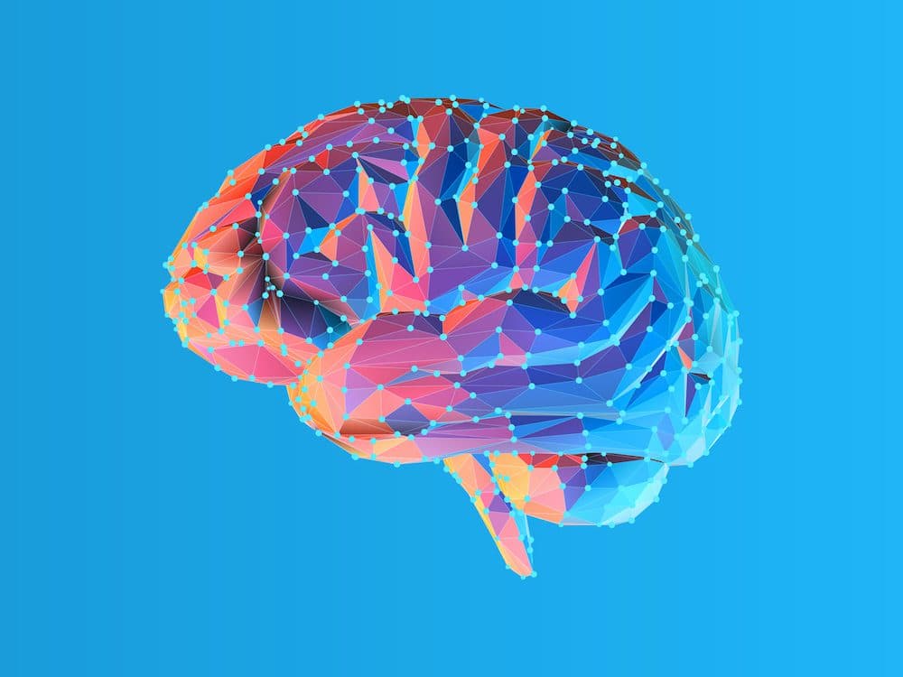 Colorful blue and pink low poly side view human brain illustration with connection dots isolated on bright blue background (Colorful blue and pink low poly side view human brain illustration with connection dots isolated on bright blue background, ASC