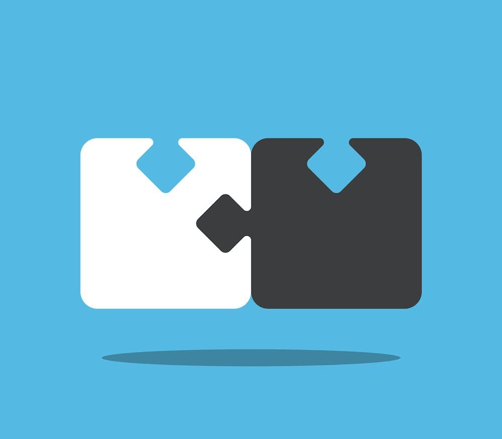 Two jigsaw puzzle pieces joined on blue. Teamwork, solution, merging and partnership concept. Flat design. Vector illustration, no transparency, no gradients