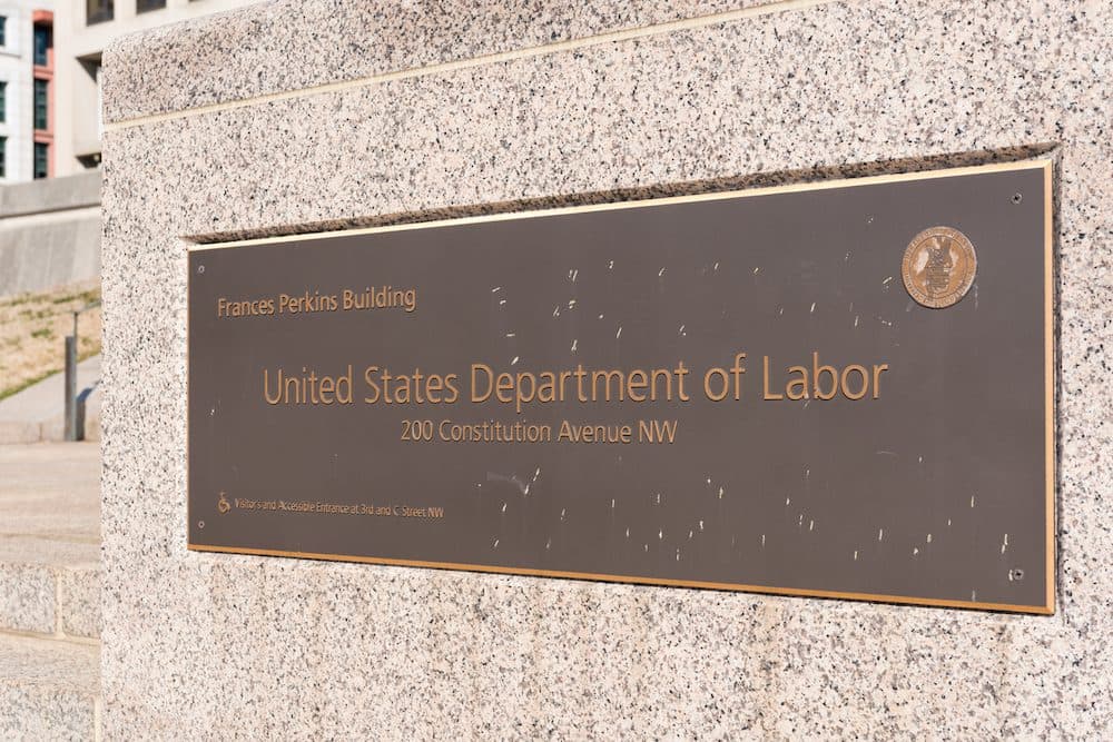 Sign on the exterior of The Francis Perkins building at 200 Constitution Avenue NW in Washington DC, USA. Building is used by United States Department of Labor