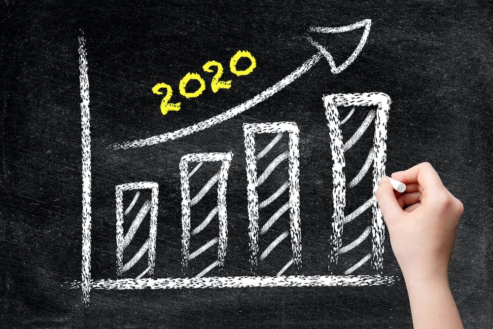 2020, new year, ascending arrow, blackboard, bar graph