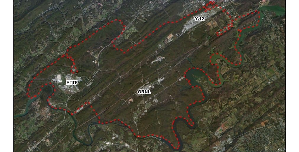 The 33,500-acre Oak Ridge Reservation, outlined in red, contains three primary cleanup areas-- the East Tennessee Technology Park, Oak Ridge National Laboratory, and Y-12 National Security Complex. Image: DOE