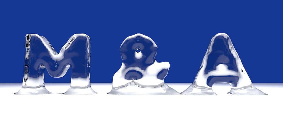 M&A word from melting ice letters for an interesting header for merger and aquisition concept with copy space. 3d Rendering - Illustration (M&A word from melting ice letters for an interesting header for merger and aquisition concept with copy space