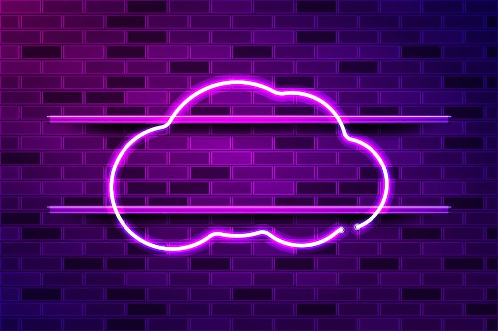 Cloud glowing neon sign or LED strip light. Realistic vector illustration. Purple brick wall, violet glow, metal holders. (Cloud glowing neon sign or LED strip light. Realistic vector illustration. Purple brick wall, violet glow, metal holders., ASCII