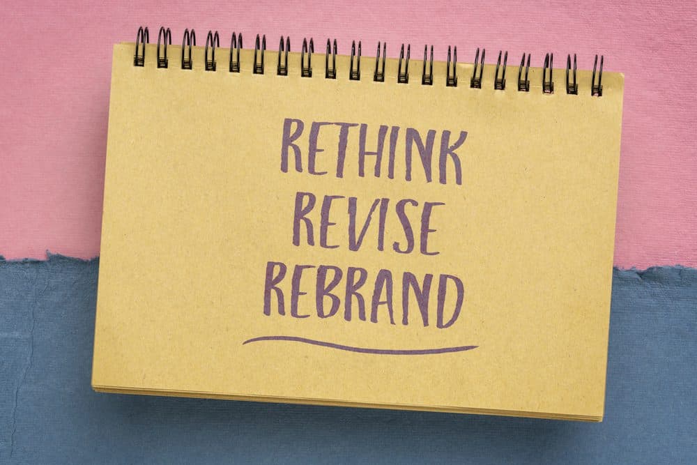 rethink, revise, rebrand - motivational handwriting in a spiral sketchbook, business or personal development concept (rethink, revise, rebrand - motivational handwriting in a spiral sketchbook, business or personal development concept, ASCII, 117 comp
