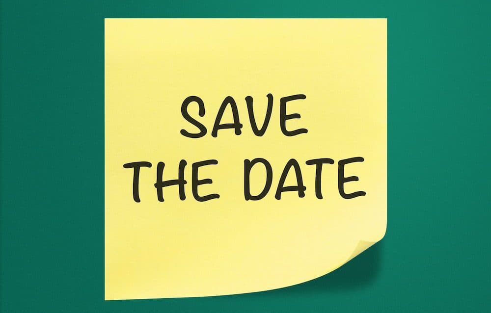 Save the date sticky note on green background.