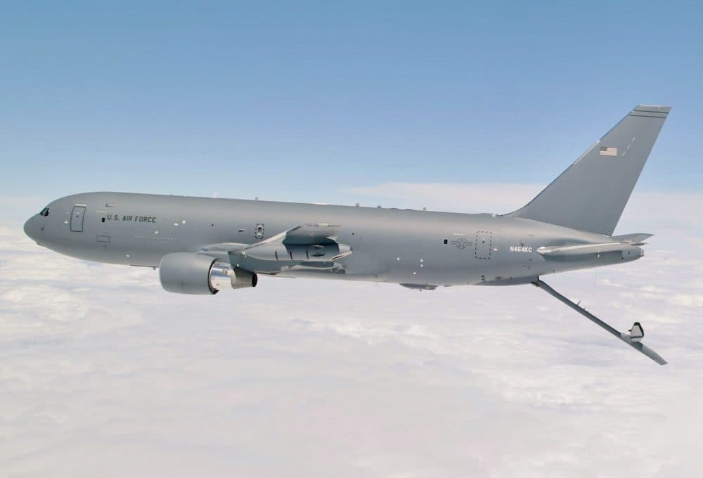 KC-46 aerial refueling tanker conducts receiver compatibility tests with a U.S. Air Force C-17 Globemaster III from Joint Base Lewis-McChord as part of Test 003-06. The event marks the nearing completion of "Milestone C" in the new tanker's developmental testing stage. (U.S. Air Force photo by Christopher Okula)