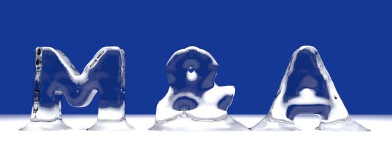 M&A word from melting ice letters for an interesting header for merger and aquisition concept with copy space. 3d Rendering - Illustration (M&A word from melting ice letters for an interesting header for merger and aquisition concept with copy space