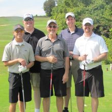 Inaugural Boulder Crest Retreat golf tournament participants include, from left, Ryan Barker, Howard Zach, Sal Fazzolari, and Len Rosenblum from CRGT. Tyler Hallock is a veteran associated with Boulder Crest.