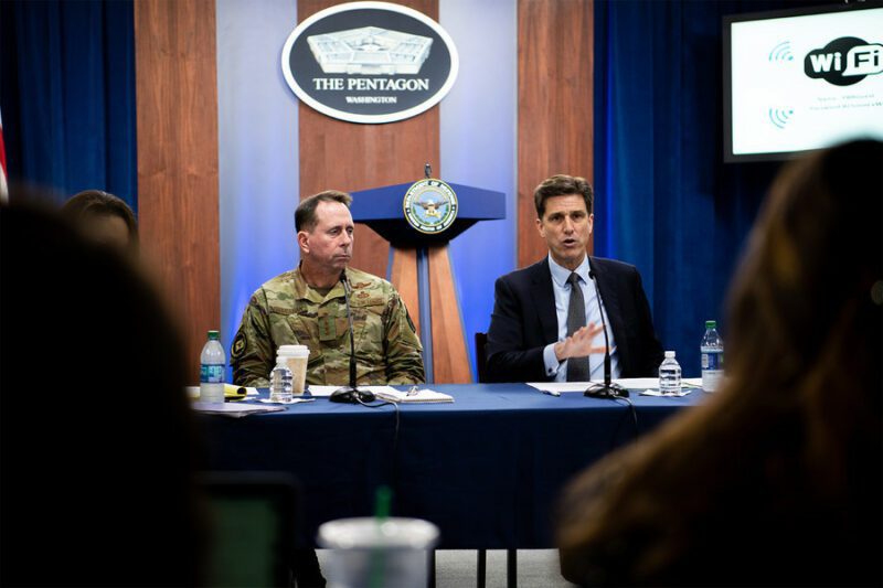 Dana Deasy, the Defense Department’s chief information officer, and Air Force Lt. Gen. John N.T. “Jack” Shanahan, director of the Joint Artificial Intelligence Center, host a roundtable discussion on the enterprise cloud initiative with reporters at the Pentagon, Aug. 9, 2019.