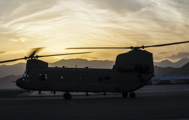 Kabul, Afghanistan - May 07, 2016: U.S. Army Chinook Helicopter Silhouette during a sunrise.