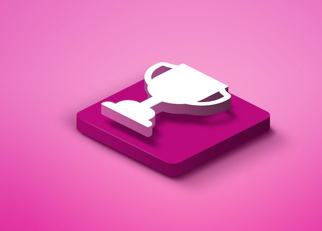 3d trophy award icon on pink abstract background