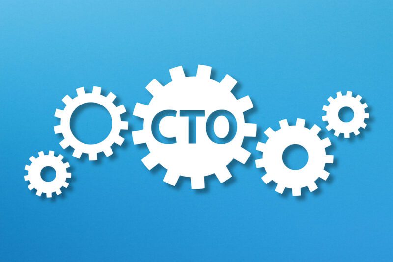 Chief Technology Officer, CTO concept with white gears on blue background